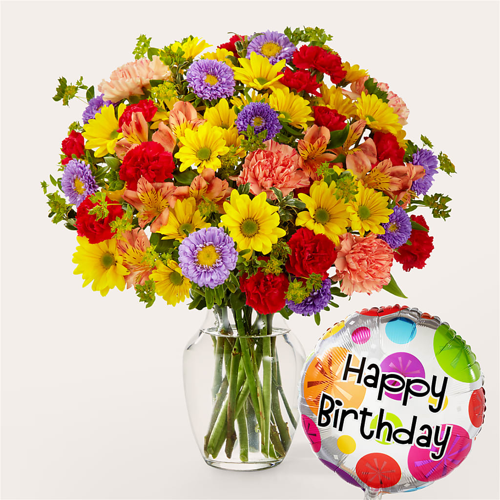 Kaleidoscope Bouquet with Birthday Balloon – Verona Florist, Woodbridge ON
