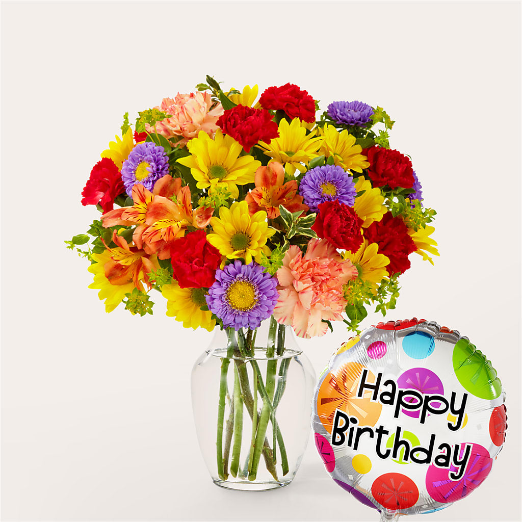 Kaleidoscope Bouquet with Birthday Balloon – Verona Florist, Woodbridge ON