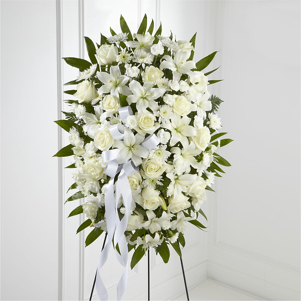 Exquisite Tribute Standing Spray-White Ribbon – Verona Florist, Woodbridge ON