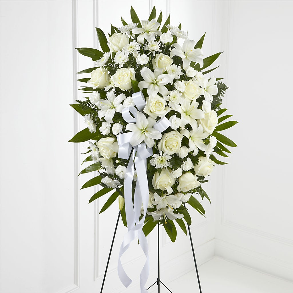 Exquisite Tribute Standing Spray-White Ribbon – Verona Florist, Woodbridge ON